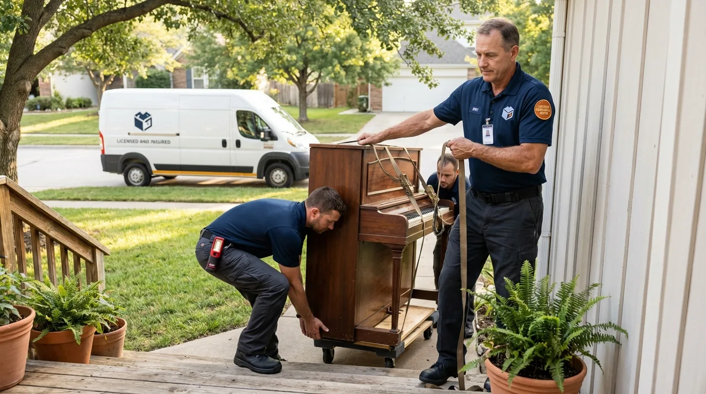 Licensed piano movers securing grand piano in Johnsonburg, PA
