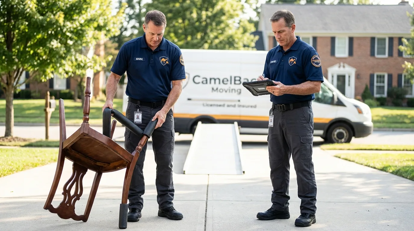 Movers inspecting furniture for damage prevention before loading in Johnsonburg, PA