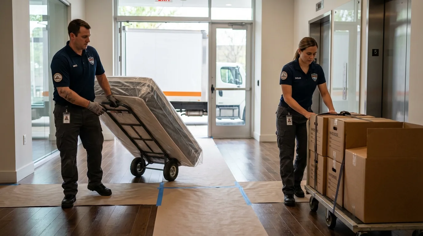 Professional apartment movers loading elevator in Johnsonburg, PA