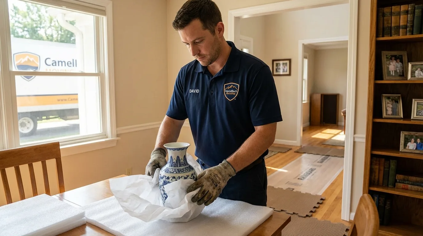Professional crew carefully wrapping antique vase for senior downsizing move in Johnsonburg, PA